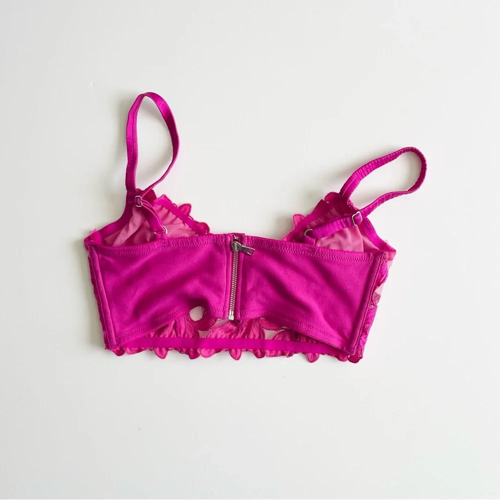 Fleur du Mal 32B Lily embroidered longlined unlined demi bra in fuchsia pink